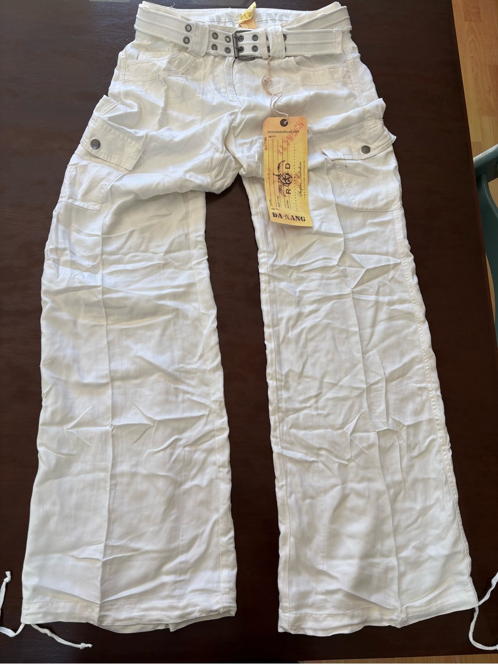 “Da-Nang” Bleached WHITE Wide-Leg SILK CARGO Pants w/BELT; Size LARGE; NWT